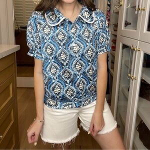Umgee Blue & White Patterned Women's Short Sleeve Top